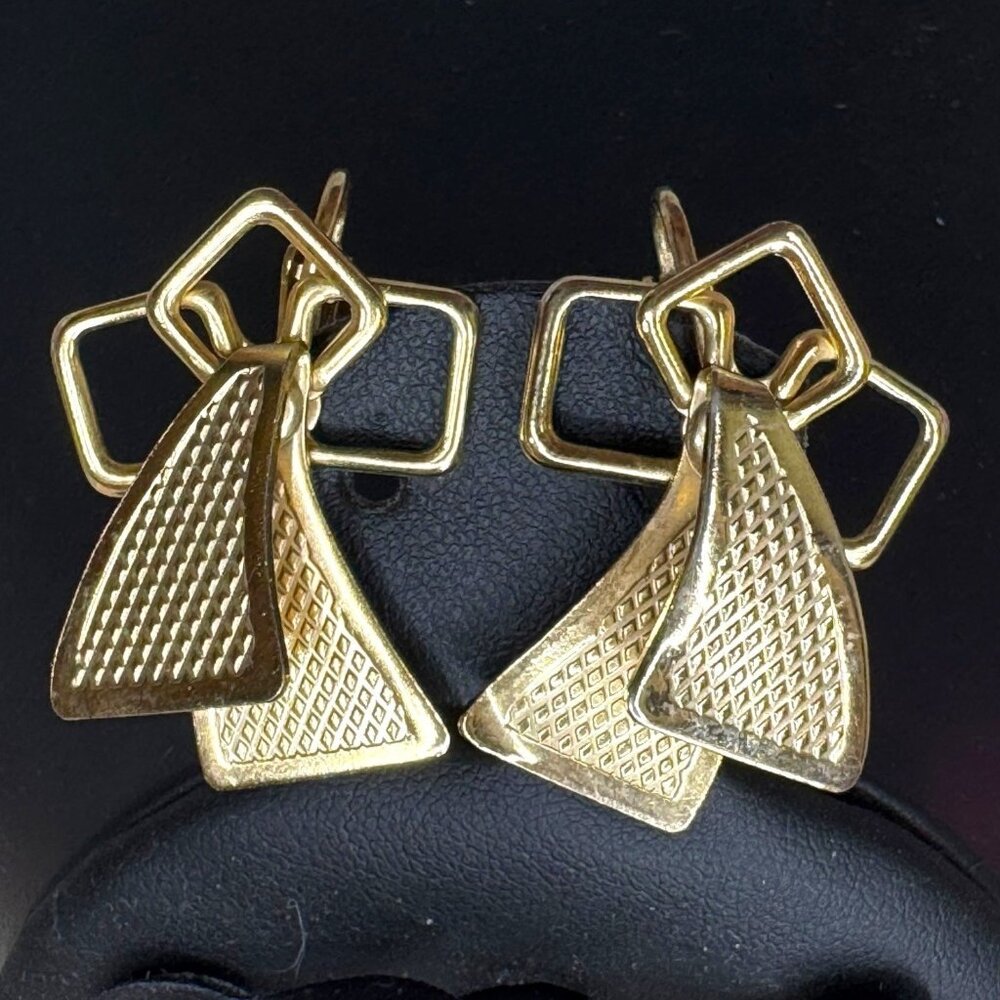 Vtg Emmons Gold-Tone Clip-On Earrings Abstract Squares Modernist Shooting Star